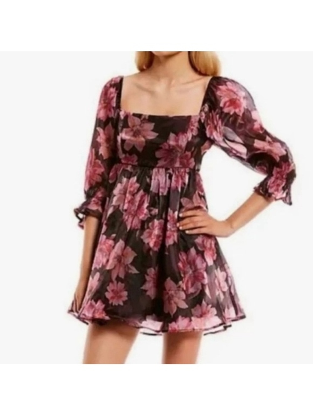 Thirty-Thirty LA Floral Print Babydoll Mini Dress with Puff Sleeves